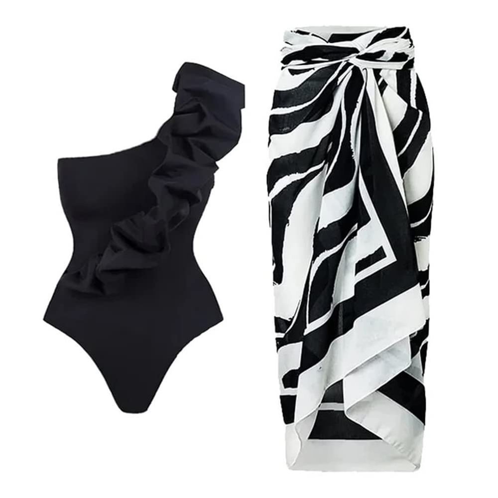 ABOCIW One Piece Swimsuit for Women with Swimsuit Cover Ups Skirt Sets Sexy One Shoulder Tummy Control Bathing Suits High Cut Push Up Tankini Two Pieces Swimsuit Monokini Swimwear Black M
