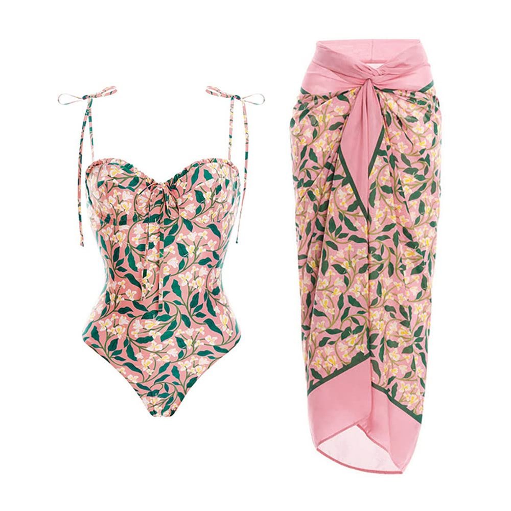 ABOCIW Women One Piece Swimsuit with Swimsuit Cover Ups Skirt Sexy Bikini Sets Floral Print V Neck Push Up Monokini Bathing Suit Tummy Control Tankini Set 2 Piece Swimsuit Outfit Peach S