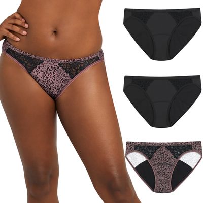 Maidenform Women's Moderate Protection Period Bikini Panties, Built-in Liner, Odor Guard, 3-Pack, Black/Sparrow Brown Leopard/Black