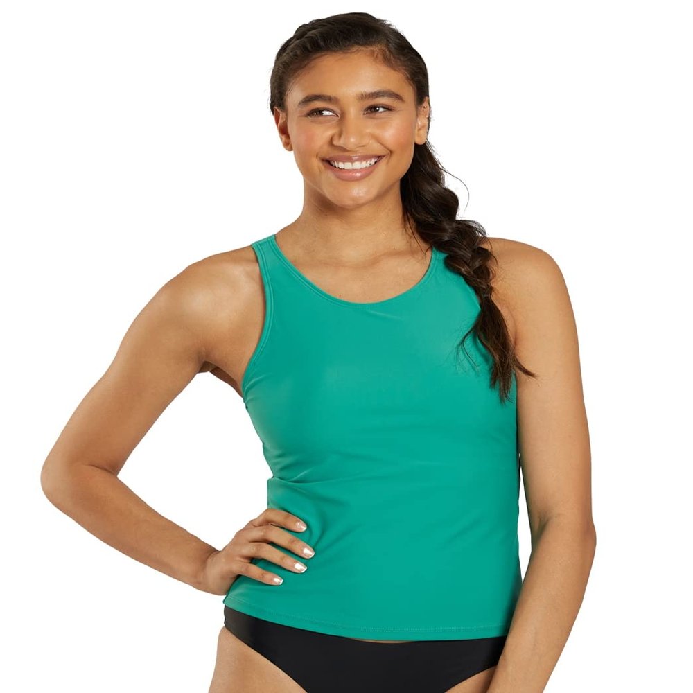 Sporti Women Active High Neck Tankini Top - Bathing Suit Tops for Women - Athletic Swimsuit Tank Top with Shelf Bra Support - Jade - Small