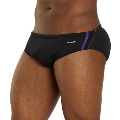 Sporti Mens Hydrolast Splice Swim Briefs - Athletic Swimsuit Training for Swimmers - Competition Pool Training Swim Briefs for Men - Black/Bright Purple - 28