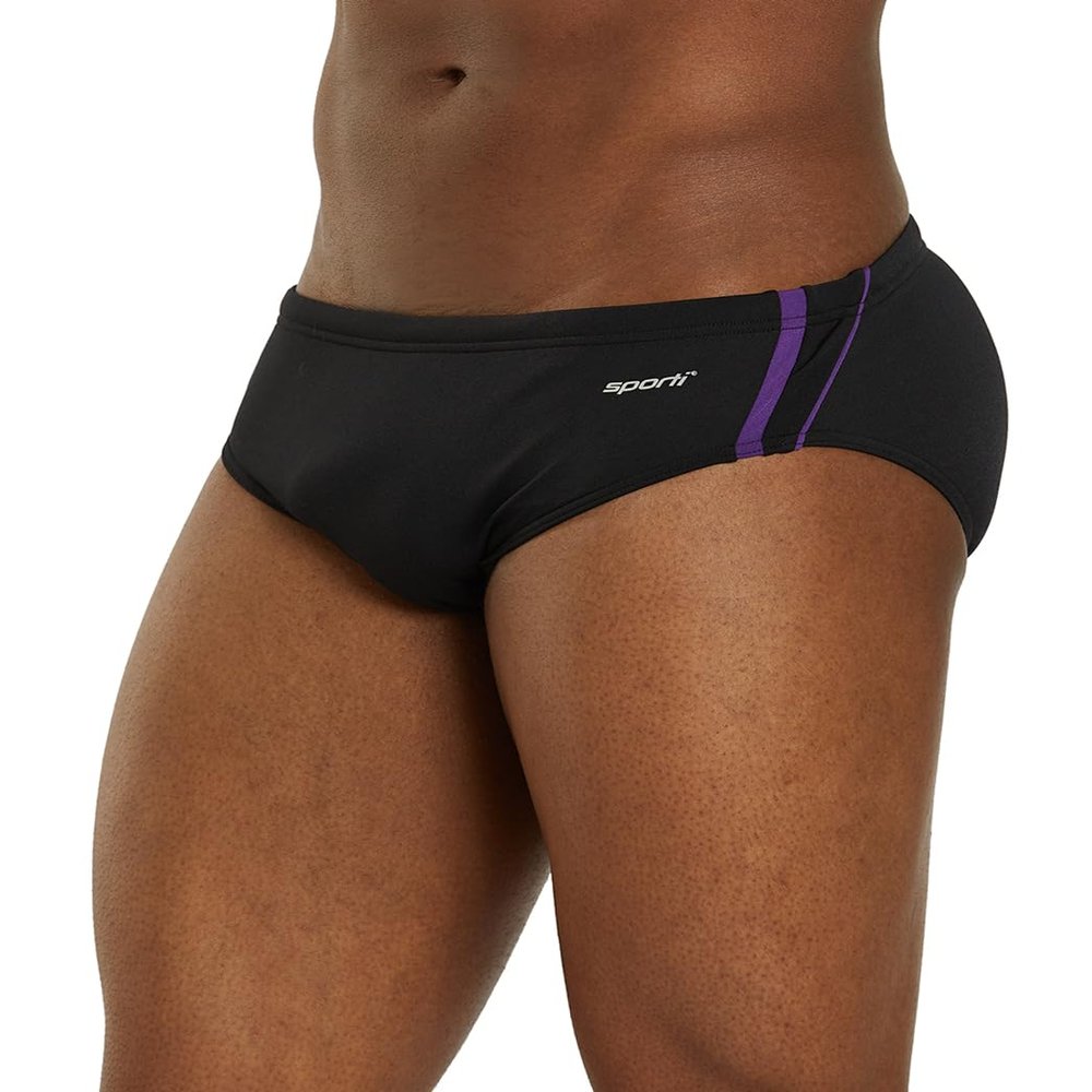 Sporti Mens Hydrolast Splice Swim Briefs - Athletic Swimsuit Training for Swimmers - Competition Pool Training Swim Briefs for Men - Black/Bright Purple - 28