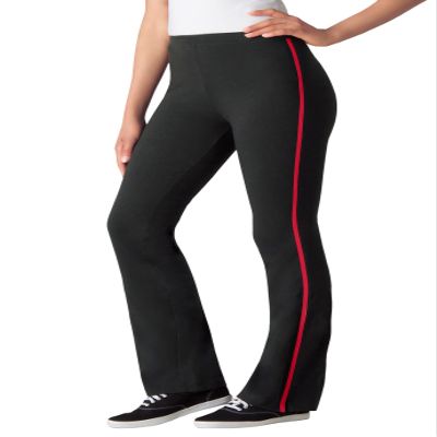 Woman Within Plus Size Petite Stretch-Cotton Knit Pull-On Bootcut Side-Stripe Leggings - 5X, Black Classic Red