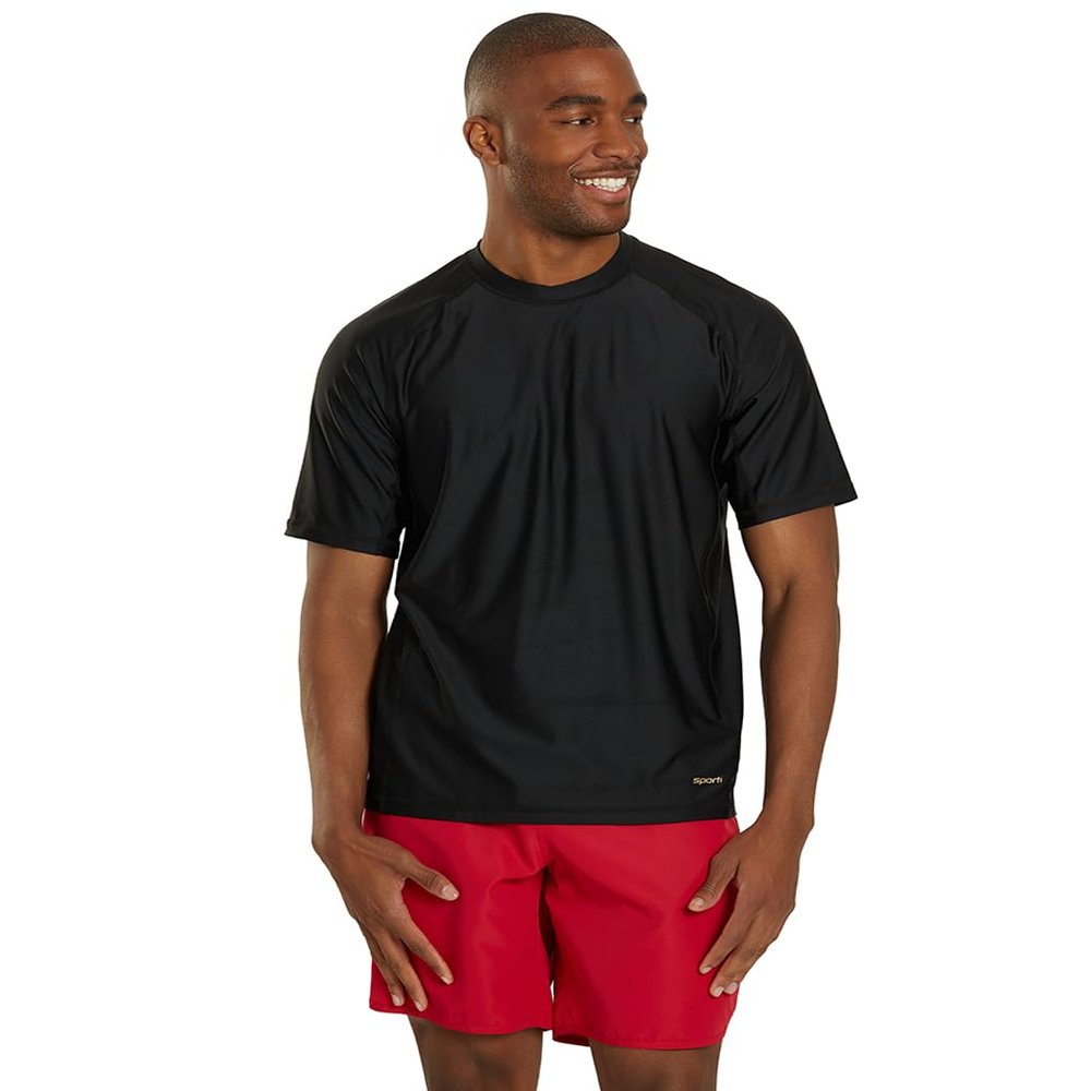 Sporti Men's Rash Guard Shirts - Short Sleeve Swim Shirts - UPF 50+ UV Sun Protection - Suitable for Sport & Activities - Men's SS UPF 50 Comfort Fit II Rashguard - Black - X-Large