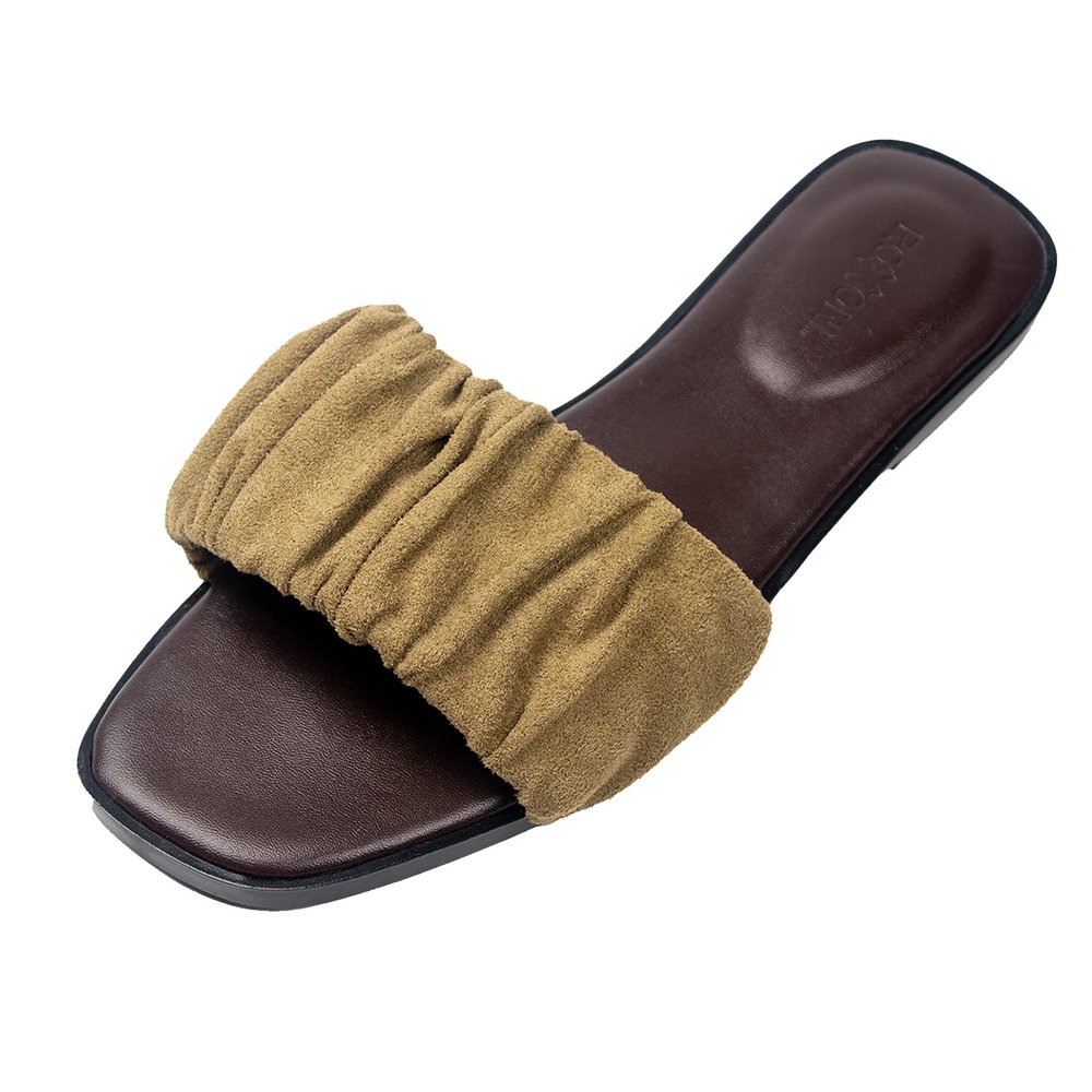 Roxoni Womens Ruched Fabric Slide Sandals Open Toe Flat Sandals with Heel Cushion