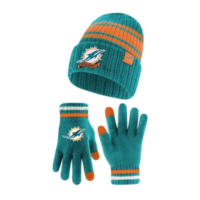 Ultra Game NFL Official Adults Super Soft Winter Beanie Knit Hat with Extra Warm Touch Screen Gloves, Miami Dolphins, Team Color, 1SIZE