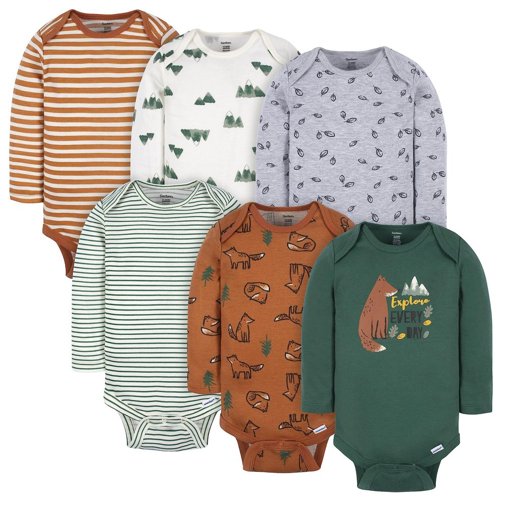 Gerber Baby Boys 6-Pack Long-Sleeve Onesies Bodysuit, Fox, 6-9 Months