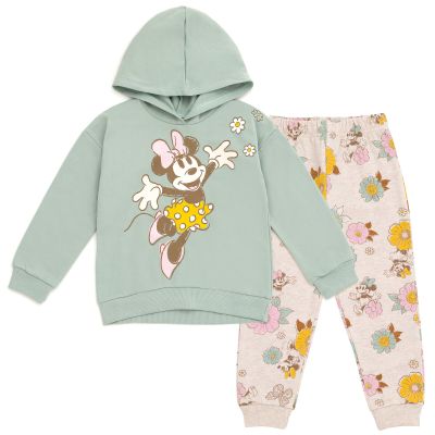 Disney Minnie Mouse Little Girls Fleece Pullover Hoodie and Pants Outfit Set Green/White 6