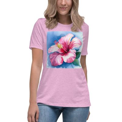Women's Relaxed T-Shirt Hibiscus Flower Print Pink