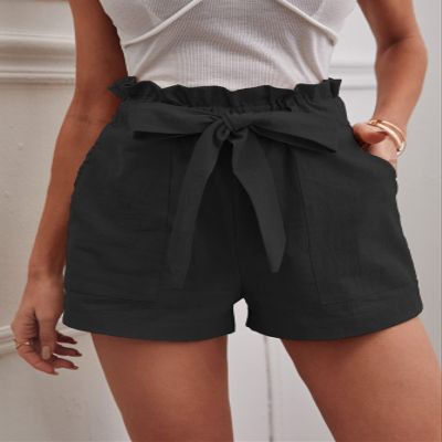 AKIOLOAS Women's Shorts Solid Paper Bag Waist Belted Shorts Women's Shorts Shorts for Women (Color : Black, Size : X-Large)