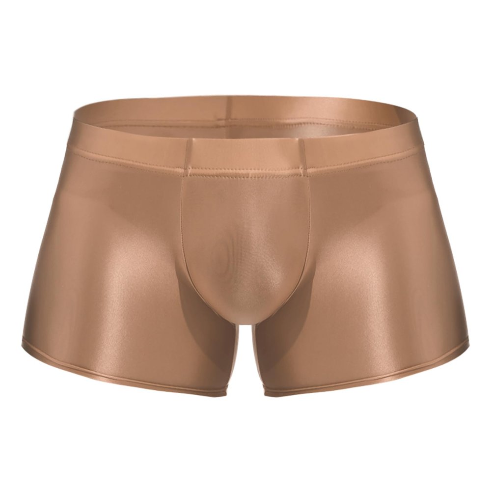 ACSUSS Men Glossy Oily Seamless Tight Shorts Workout Compression Sport Bottoms Swim Trunks Swimwear Coffee Medium