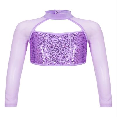 YiZYiF Kids Girls Sequins Long Sleeve Jazz Hip Hop Dance Crop Top Mock Neck Athletic Shirt Streetwear Sportswear Purple 8 Years