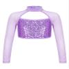 YiZYiF Kids Girls Sequins Long Sleeve Jazz Hip Hop Dance Crop Top Mock Neck Athletic Shirt Streetwear Sportswear Purple 8 Years view 1
