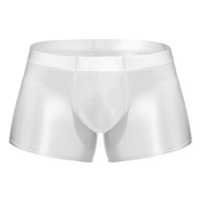 ACSUSS Men Glossy Oily Seamless Tight Shorts Workout Compression Sport Bottoms Swim Trunks Swimwear White Medium