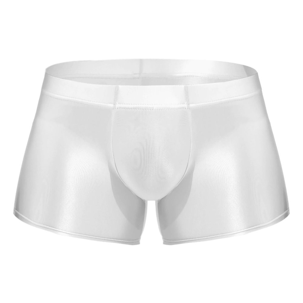 ACSUSS Men Glossy Oily Seamless Tight Shorts Workout Compression Sport Bottoms Swim Trunks Swimwear White Medium
