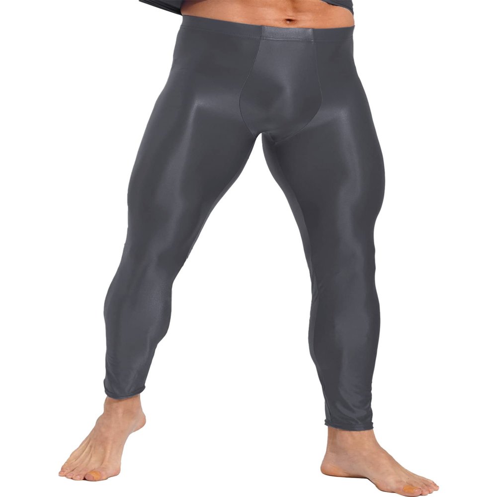 CHICTRY Men's Leggings Shiny Glossy Skinny Yoga Running Gym Fitness Workout Sport Pants Dark Grey Medium