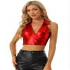 Allegra K Metallic Tops for Women 2026 Halter V Neck Sleeveless Shiny Holographic Crop Top Clubwear Party Outfits X-Large Red view 1