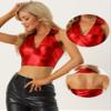 Allegra K Metallic Tops for Women 2026 Halter V Neck Sleeveless Shiny Holographic Crop Top Clubwear Party Outfits X-Large Red view 2