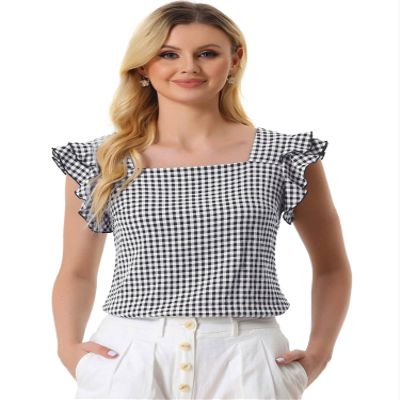 Allegra K Gingham Tops for Women Summer Ruffle Cap Sleeve Square Neck Plaid Blouses Shirt Summer Outfits X-Large Black