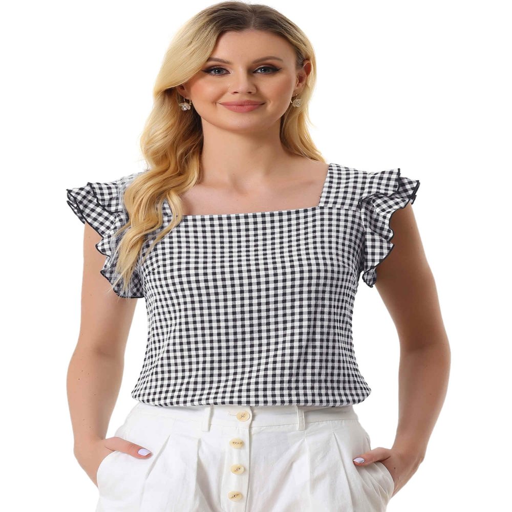 Allegra K Gingham Tops for Women Summer Ruffle Cap Sleeve Square Neck Plaid Blouses Shirt Summer Outfits X-Large Black