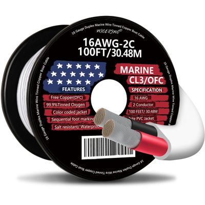 16 Gauge Duplex Marine Wire Tinned Copper Boat Cable, 100ft 16 AWG Standard USA OFC Oxygen Free Copper Wire for Outdoors/Automotive/Boat/Speakers/Solar/RV/Camper/Trailer