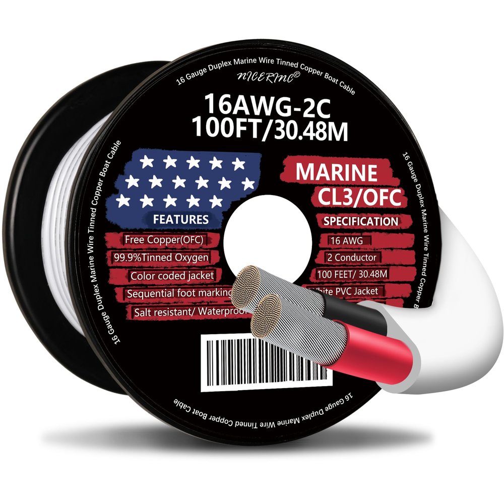 16 Gauge Duplex Marine Wire Tinned Copper Boat Cable, 100ft 16 AWG Standard USA OFC Oxygen Free Copper Wire for Outdoors/Automotive/Boat/Speakers/Solar/RV/Camper/Trailer