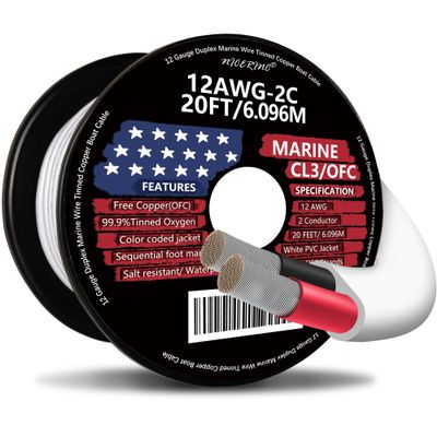 12 Gauge Duplex Marine Wire Tinned Copper Boat Cable, 20ft 12 AWG Standard USA OFC Oxygen Free Copper Wire for Outdoors/Automotive/Boat/Speakers/Solar/RV/Camper/Trailer