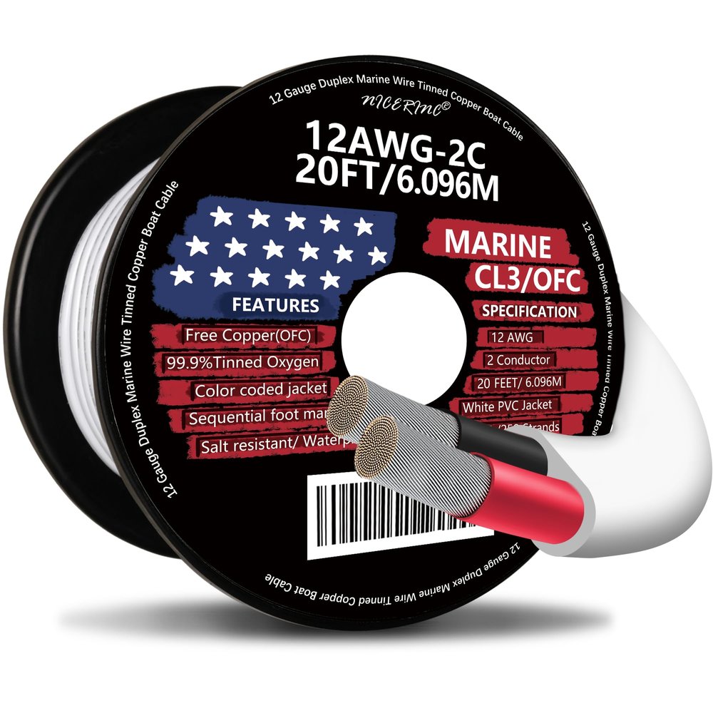 12 Gauge Duplex Marine Wire Tinned Copper Boat Cable, 20ft 12 AWG Standard USA OFC Oxygen Free Copper Wire for Outdoors/Automotive/Boat/Speakers/Solar/RV/Camper/Trailer