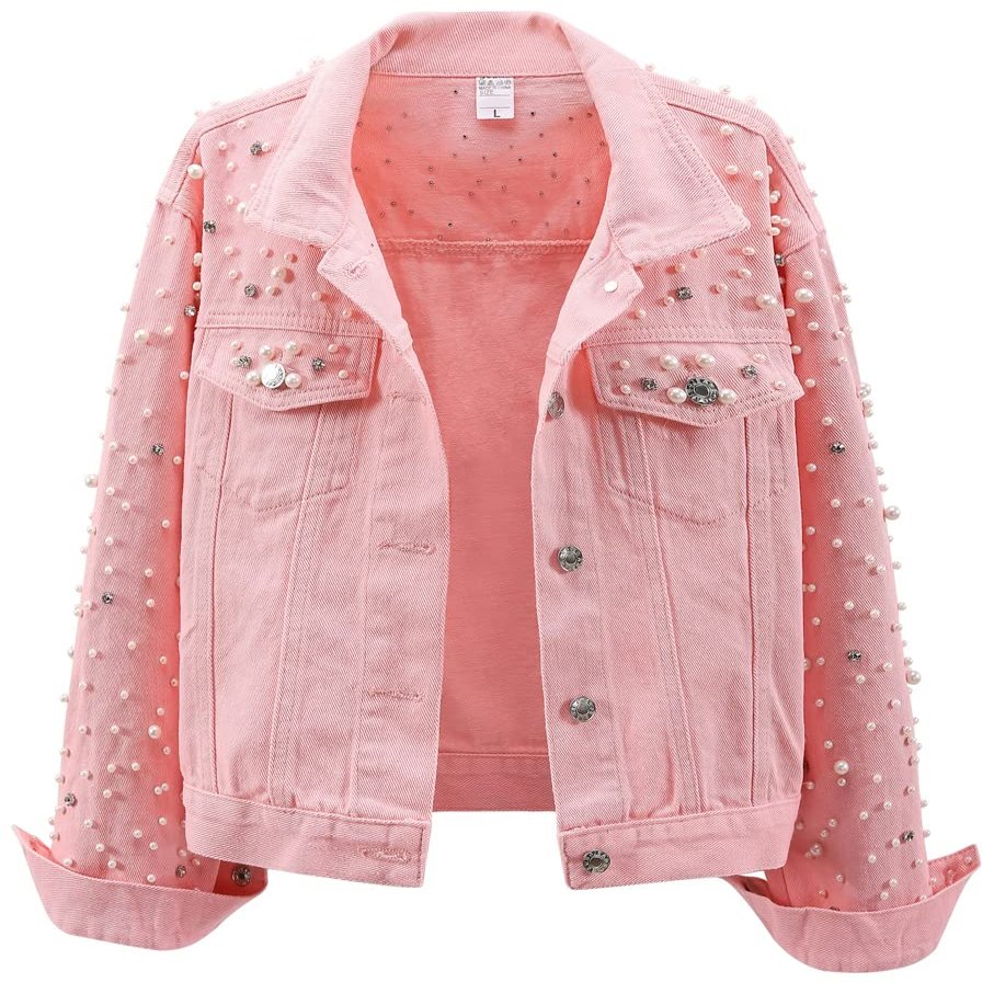 LifeShe Women's Pearls Denim Jacket Cropped Rhinestones Jean Jacket Coat
