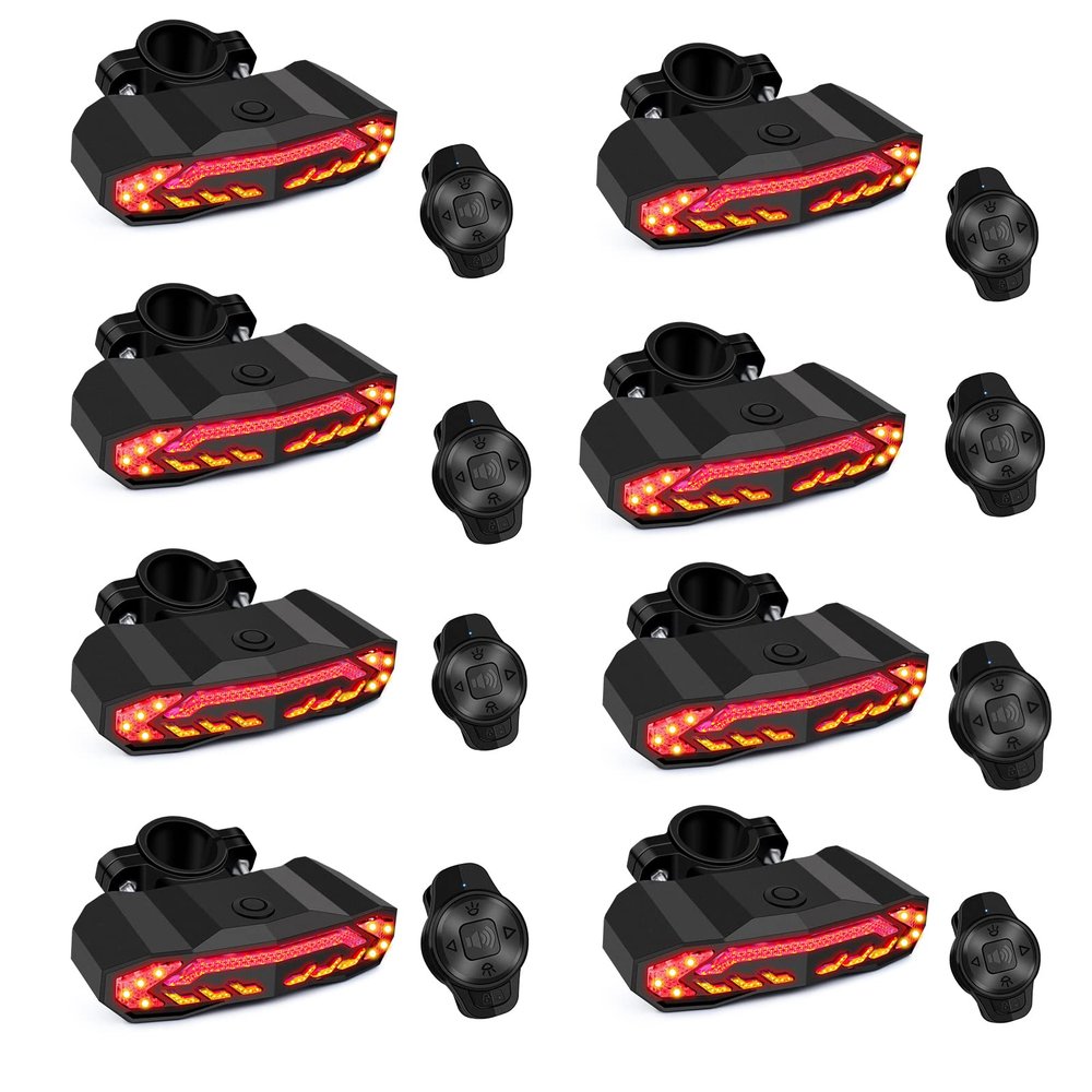 NineLeaf Smart Bike Alarm Taillight with Turn Signals and Automatic Brake Light, Waterproof Bicycle Horn with Remote Control, USB Rechargeable Rear Bike Tail Light for Night Riding, 8Pack