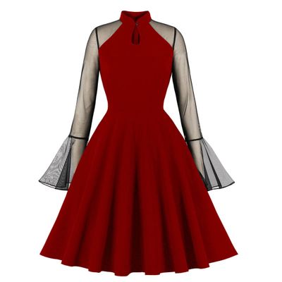 50s Dresses for Women 1950s Vintage Rockabilly Retro Keyhole Mesh A Line Midi Skater Pleated Swing Wedding Bridesmaid Cocktail Party Formal Evening Prom Dress Goth 1940s Dress Wine Red Solid XXL
