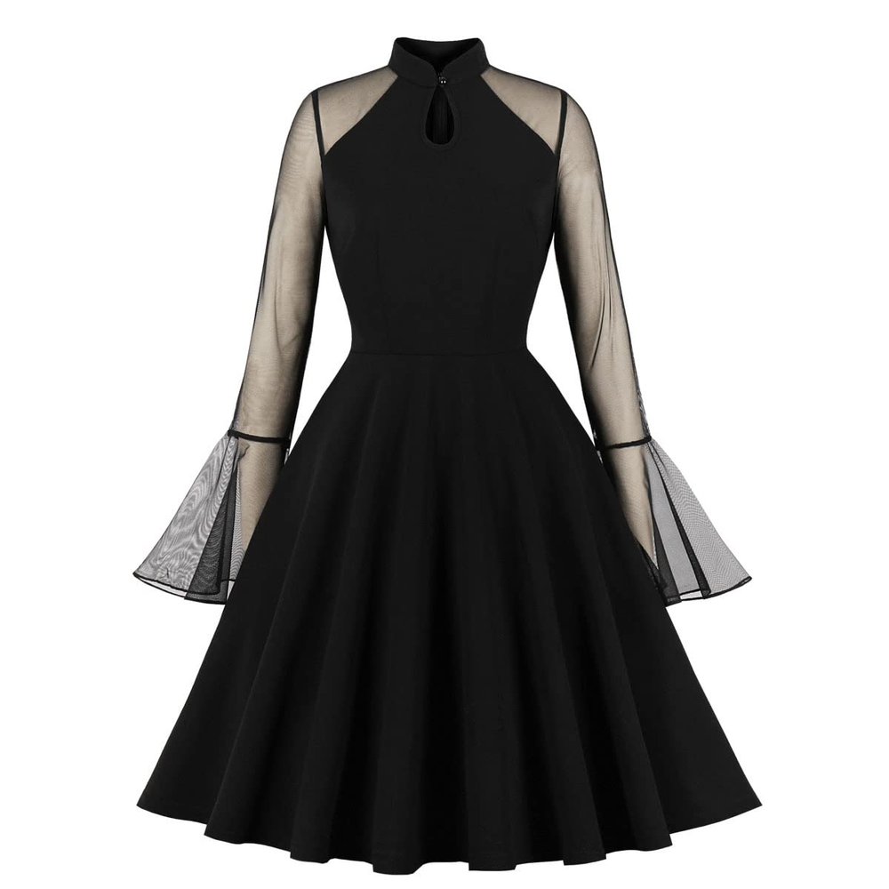 50s Dresses for Women 1950s Vintage Rockabilly Retro Keyhole Mesh A Line Midi Skater Pleated Swing Wedding Bridesmaid Cocktail Party Formal Evening Prom Dress 1940s Dress Black Solid L