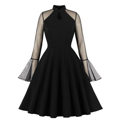 50s Dresses for Women 1950s Vintage Rockabilly Retro Keyhole Mesh A Line Midi Skater Pleated Swing Wedding Bridesmaid Cocktail Party Formal Evening Prom Dress 1940s Dress Black Solid M