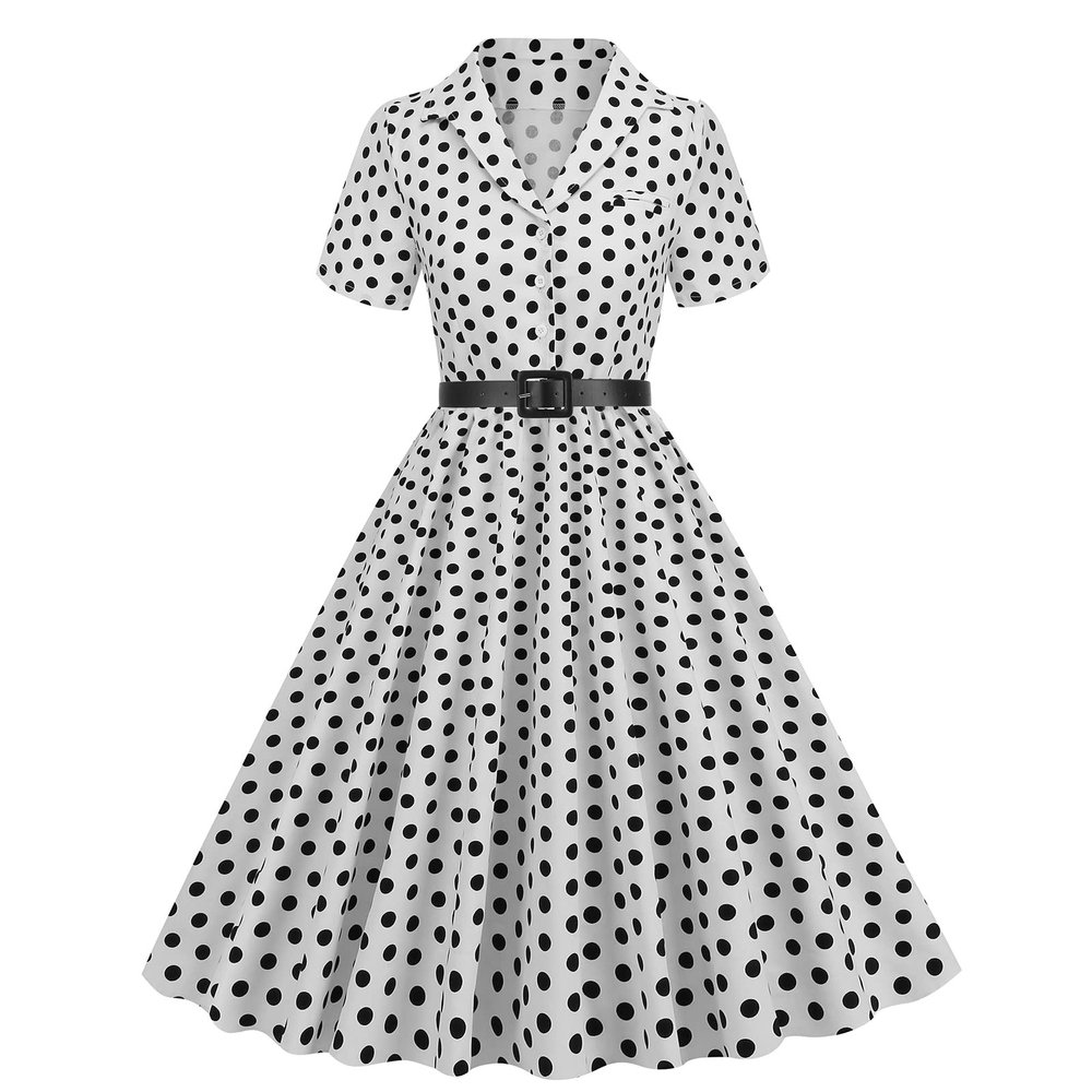 1950s Dresses for Women 50s Style Polka Dot Audrey Hepburn Vintage 1940s Rockabilly Retro Short Sleeve Summer A Line Swing Dress Midi Skater Dress Cocktail Party Evening Prom Gown White Polka Dot XXL