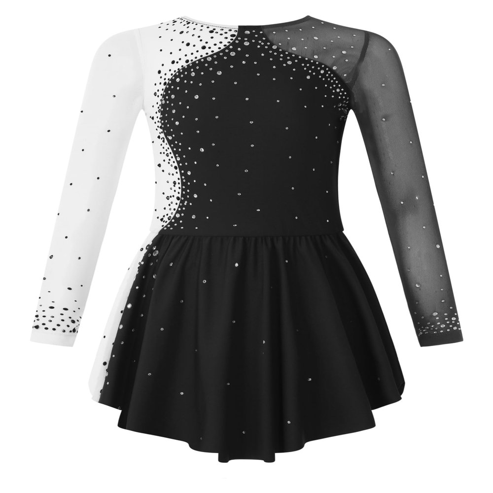 Shinsto Kids Girls Figure Skating Dress Long Sleeves Ballet Dance Skirted Leotards Gymnastics Outfits Black 8 Years