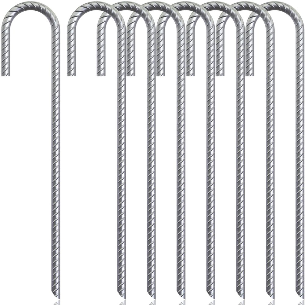 16 inch Rebar Stakes J Hook (10 Pack) - Camping Stakes Heavy Duty - Heavy Duty Rebar Stakes for Chainlink Fence, Sports nets, Camping, Trampolines, Irrigation Pipes and Garden
