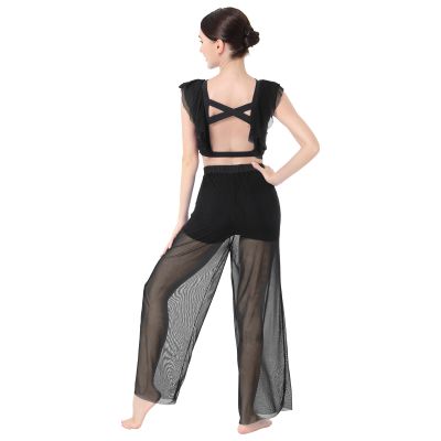 Lyrical Dance Dress for Women Black 2PCS Chiffon Crop Top Ballet Leotard Shorts Mesh Sheer Pants Contemporary Dress Backless Salsa Ballroom