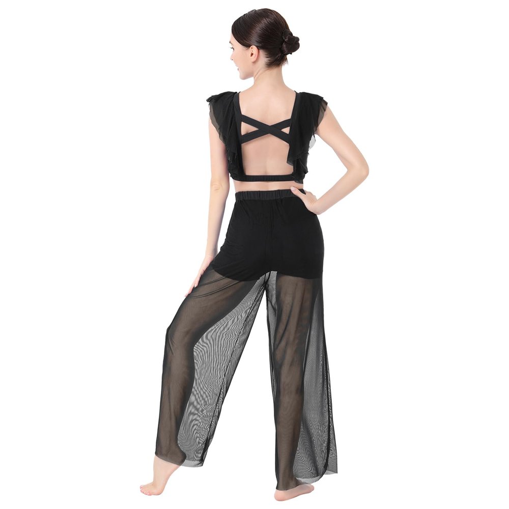 Lyrical Dance Dress for Women Black 2PCS Chiffon Crop Top Ballet Leotard Shorts Mesh Sheer Pants Contemporary Dress Backless Salsa Ballroom