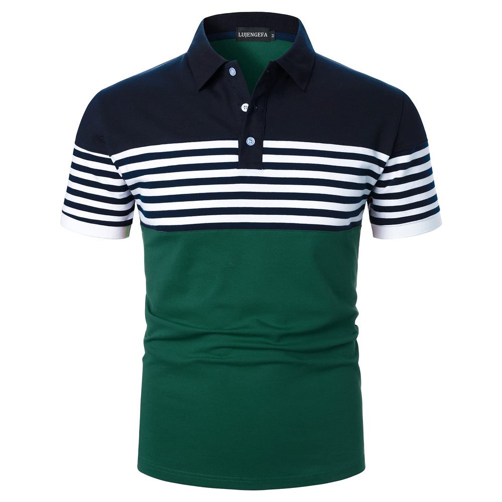 LUJENGEFA Mens Polo Shirts Short Sleeve Striped Casual Slim Fit Golf Polo Contrast Color Summer Cotton T-Shirts