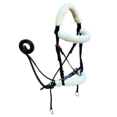 Genuine English Leather Crossover | Crossunder Bitless Horse Bridle | High Density Supersoft Synthetic Fleece | Headstall with Reins | (Full, Oiled Black)