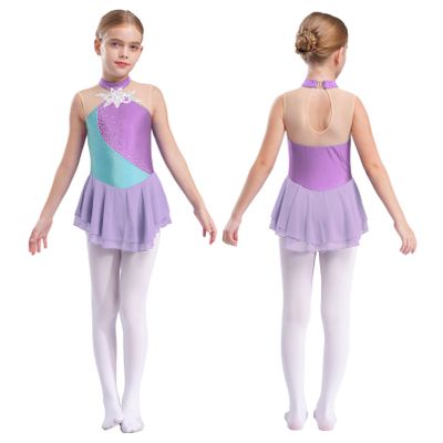 YiZYiF Kids Girls Rhinestone Sleeveless Figure Ice Skating Dress Roller Skating Dance Dresses Gymnastic Competition Costume Lavender 12 Years
