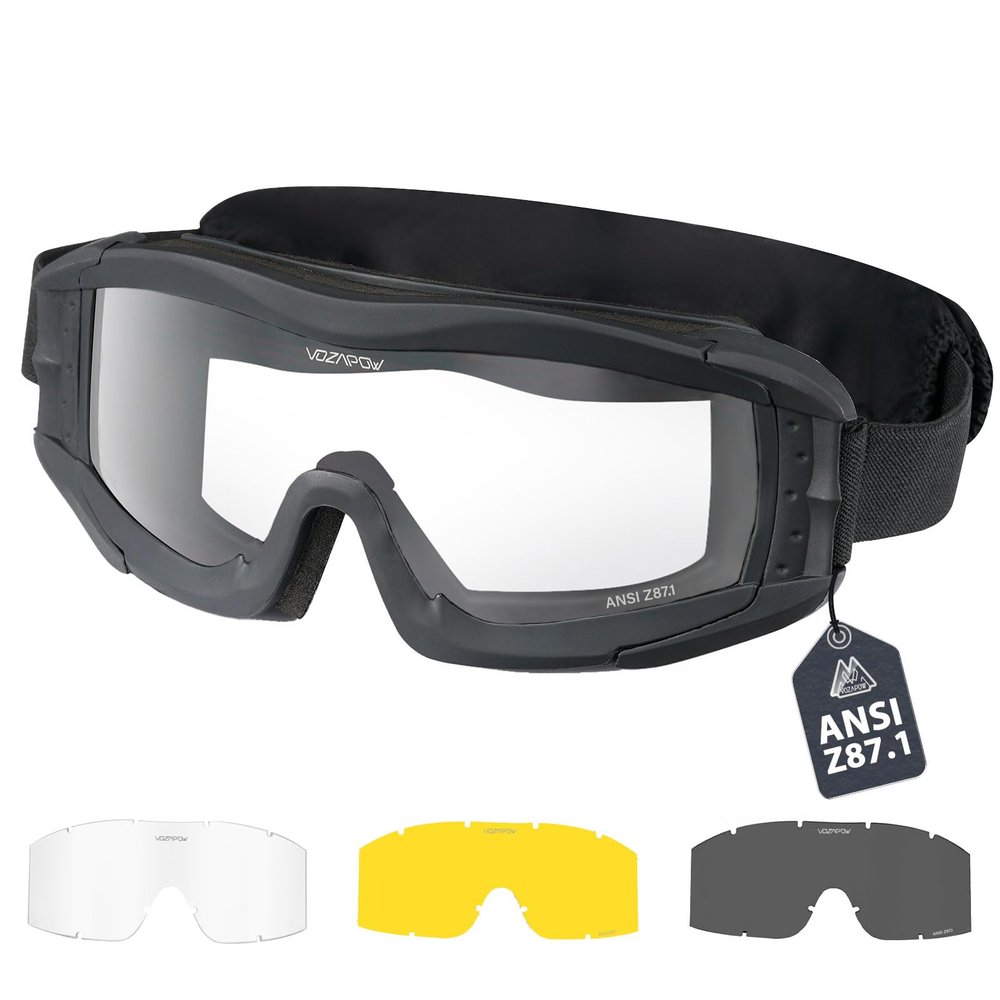 VOZAPOW Airsoft Goggles Anti Fog with ANSI Z87.1 Certified, Safety Goggles Impact Resistant, Tactical Shooting Glasses