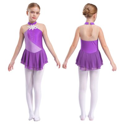 YiZYiF Kids Girls Rhinestone Sleeveless Figure Ice Skating Dress Roller Skating Dance Dresses Gymnastic Competition Costume Purple 16 Years