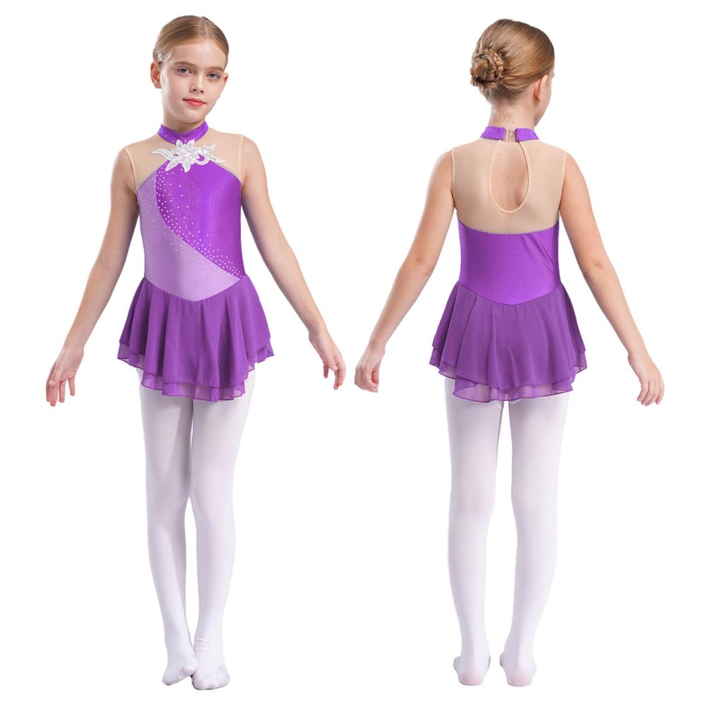 YiZYiF Kids Girls Rhinestone Sleeveless Figure Ice Skating Dress Roller Skating Dance Dresses Gymnastic Competition Costume Purple 16 Years
