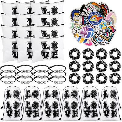 Tudomro 148 Pcs Volleyball Gifts for Women 12 Set Volleyball Party Favors Include Drawstring Backpack, Cosmetic Bag, Scrunchies Hair, Bracelets, Stickers for Birthday