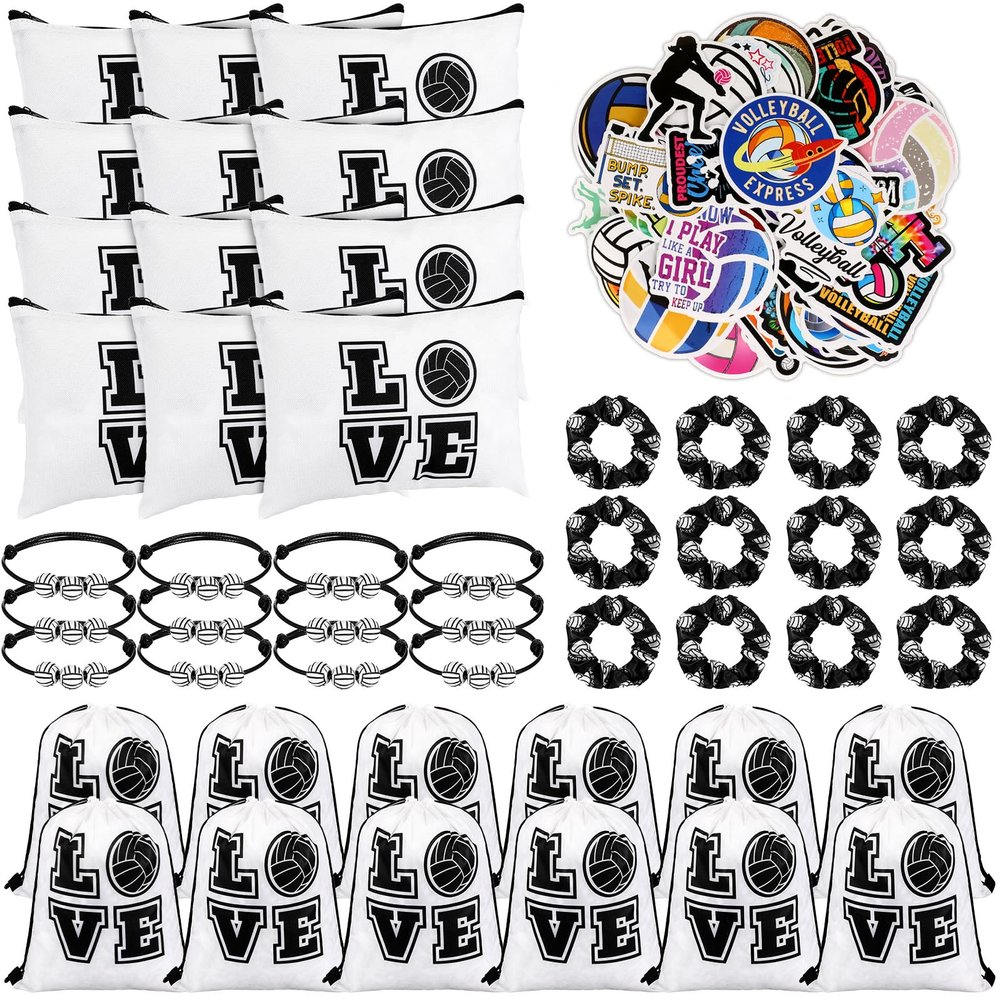 Tudomro 148 Pcs Volleyball Gifts for Women 12 Set Volleyball Party Favors Include Drawstring Backpack, Cosmetic Bag, Scrunchies Hair, Bracelets, Stickers for Birthday