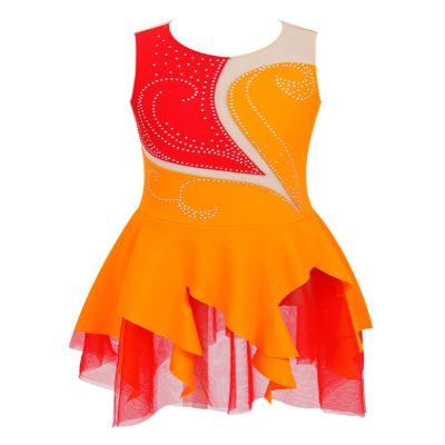 YiZYiF Kids Girls Rhinestone Sleeveless Figure Ice Skating Dress Roller Skating Dance Dresses Competition Costume Dancewear Orange 12 Years