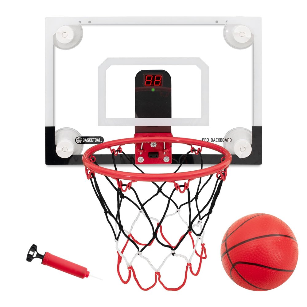 RUNBOW Indoor Mini Basketball Hoops Backboard with Powerful Suction Cups,Wall Mounted Door Basketball Hoops,Toys with Balls Gifts for Kids Boys Teens (43x30CM Black-White with Scorer)
