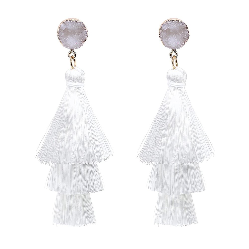 Boho Statement tassel earrings for women Clip On Drop Earrings feather earrings Non Piercing Jewelry for women dangling fringe earrings vacation beach earrings bride earrings bachelorette for women costume prom earrings jewelry-White