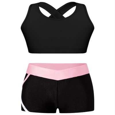 Hansber Kids Girls 2 Piece Dance Outfits Crop Top with Shorts Active Set for Gymnastics Dancing Swimming Black 6